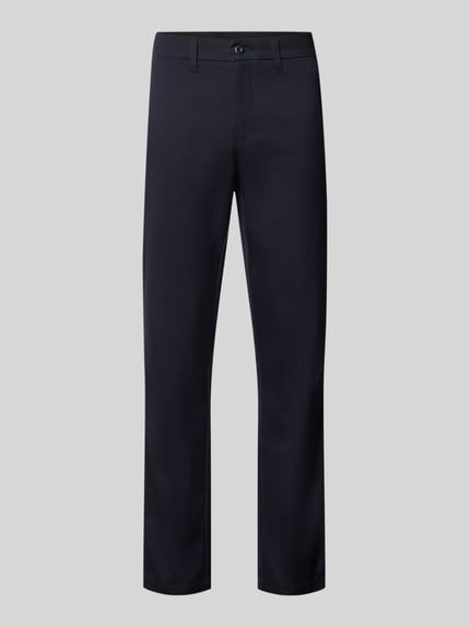 Produktfoto, Skinny Fit Hose aus Baumwoll-Mix Modell 'SID' von Carhartt Work In Progress in Dunkelblau, glatte Stoffstruktur, seitliche Eingrifftaschen, Gesäßtaschen, Knopf- und Reißverschluss, Innenbeinlänge 79 cm, Bundweite 45 cm, Herrenhose