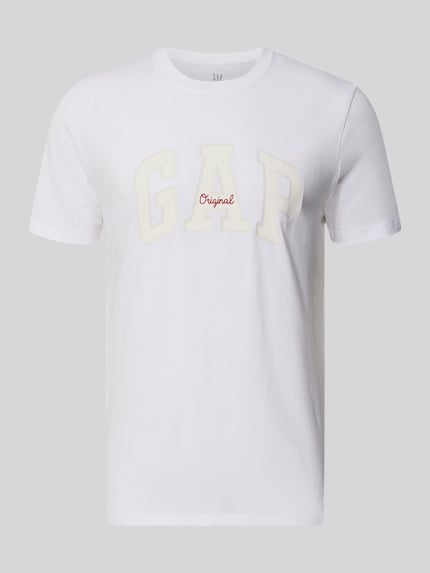 Produktfoto, weißes T-Shirt mit Logo und Rundhalsausschnitt von GAP, Reine Baumwolle, Regular-Fit, Rückenlänge 69 cm bei Größe M