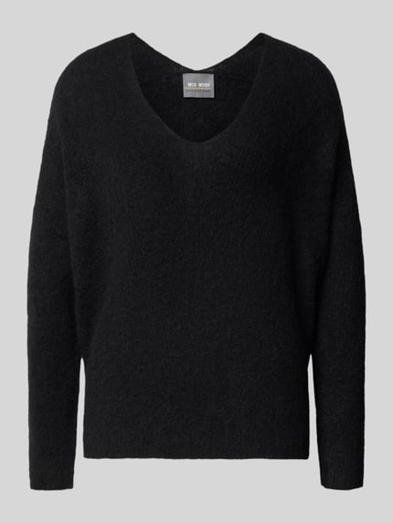 Produktfoto, zwarte gebreide pullover van wolmix met alpaca, regular fit, V-hals, MOS MOSH, Model 'THORA', dames, zachte textuur