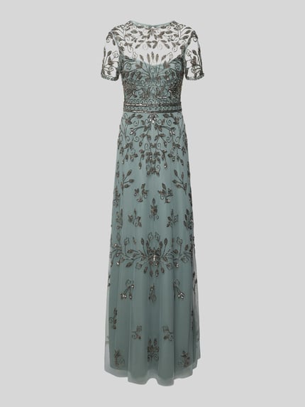 Produktfoto, Abendkleid mit Zierbesatz von Lace & Beads in Grün, aus Mesh mit Rundhalsausschnitt, tailliertem Schnitt und ausgestelltem Rock, unifarbenes Design mit opulenten Zierbesätzen und blickdichtem Unterkleid, Haken- und Nahtreißverschluss, florale Stickerei und glatte Textur.