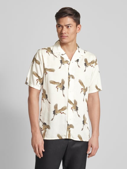Lindbergh Modern fit vrijetijdsoverhemd met all-over motief, model 'Tencel' Offwhite - 4