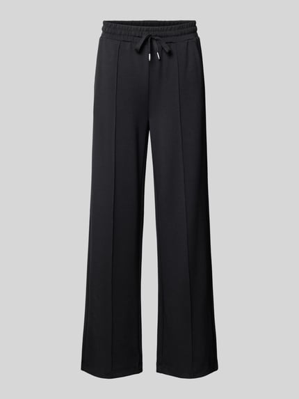 Produktfoto, schwarze Regular Fit Hose mit High Waist Jersey von Soyaconcept, unifarben, strukturierte Optik, Wide Leg, Kordeln, elastischer Bund, seitliche Eingrifftaschen, Jersey-Material