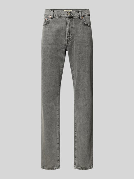 Produktfoto, Jeans mit 5-Pocket-Design von WOODBIRD in Grau, gerade Form, reine Baumwolle, sichtbare Nähte, klassischer Herrenschnitt
