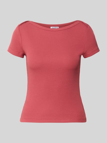Produktfoto, T-shirt met boothals van Jake*s Casual in rood, katoenmix met stretch, nauwsluitend model, fijnrib, ruglengte maat S 48 cm