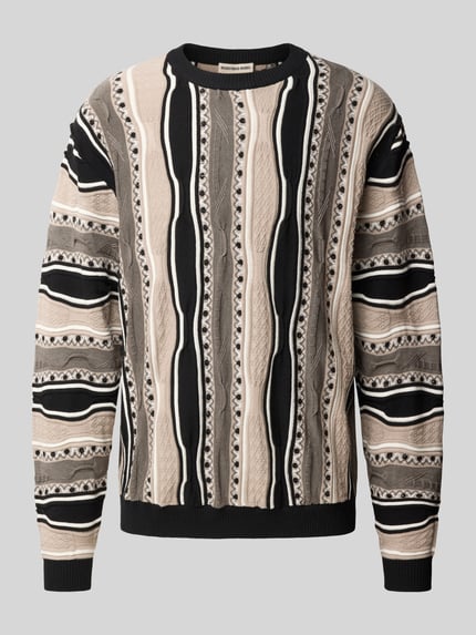 Produktfoto, Strickpullover im Allover-Look Modell 'TETON' von Redefined Rebel, Baumwoll-Mix, Regular Fit, grau-beige-schwarz, Rundhalsausschnitt