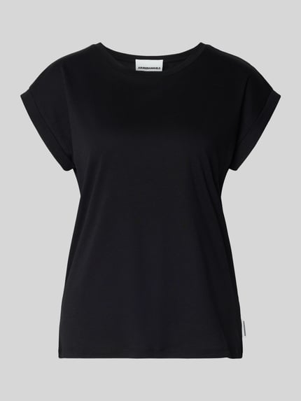 Productfoto, T-shirt met geribde ronde hals, model 'JILAANA' van ARMEDANGELS, uni zwart, regular fit, vaste mouwomslagen, Lyocell-katoen mix.