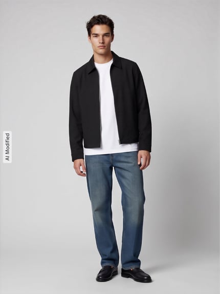 Männermodel trägt zwarte blouson regular fit met viscose, regular fit jeans en witte T-shirt, Selected Heren bomberjack/blouson, Ganzkörperansicht von vorne, KI-modifiziertes Bild