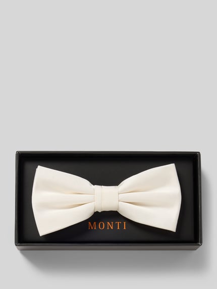 Produktfoto, Fliege mit Hakenverschluss von Monti in Cremefarbe, vorgebunden, verstellbare Kragenweite, glatte Textur, elegante Geschenkbox