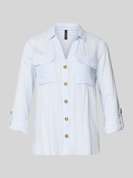 Produktfoto, Relaxed Fit Hemdbluse aus reiner Viskose Modell 'BUMPY' von Vero Moda in Two Tone Optik, hellblau-weiß gestreift, Hemdkragen, Brusttaschen, Knopfleiste, langarm mit Turn-up, glatte Textur