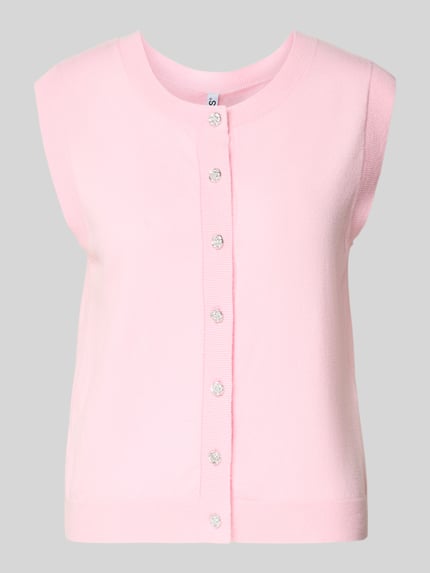 Produktfoto, Regular Fit Pullunder aus Viskose-Mix Modell 'ORINA' von Pieces in Uni-Rosa mit Zierknöpfen, feinem Strick und Rundhals