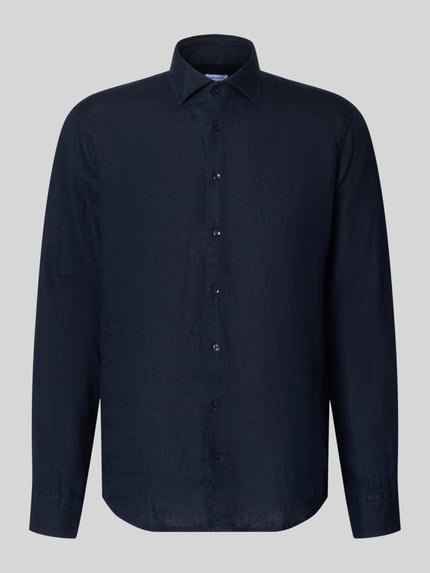Produktfoto, Regular Fit Business-Hemd aus Leinen mit Kentkragen von SEIDENSTICKER, dunkelblau, glatte Textur, Knopfleiste, Herren