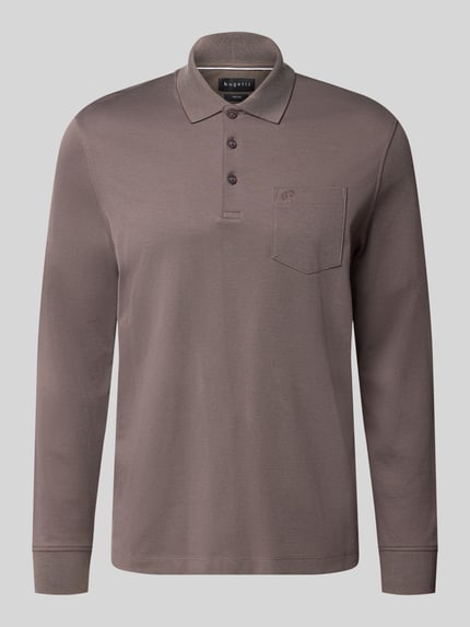 Produktfoto, Regular Fit Poloshirt aus Baumwoll-Mix mit Brusttasche von bugatti, krój regular fit, logo, długi rękaw, kołnierzyk polo, elastyczne mankiety, kolor brązowoszary, gładka faktura
