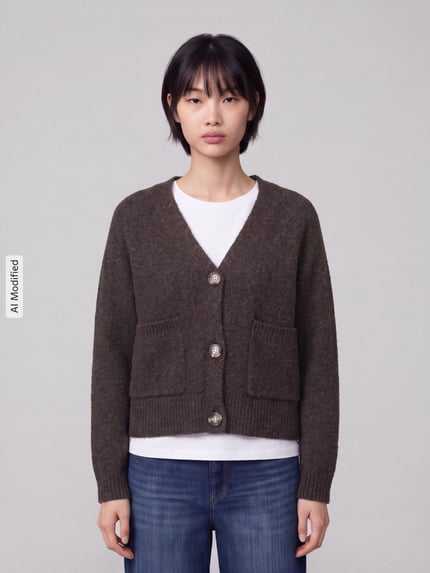 Frauenmodel trägt Oversized Strickjacke mit Woll-Anteil Modell 'BOOM' von VERO MODA in Dunkelbraun, grobe Stricktextur, Ganzkörperansicht von vorne, KI-modifiziertes Bild.