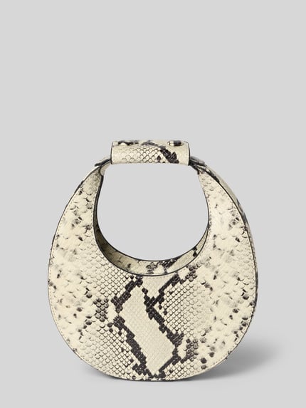 Produktfoto, cremefarbene Handtasche mit Tragehenkel Modell 'GOOD NIGHT MOON' von Staud, Schlangenhaut-Optik, Magnetverschluss, rechteckige Form, Maße 19x21x7 cm, kurzer Schulterriemen