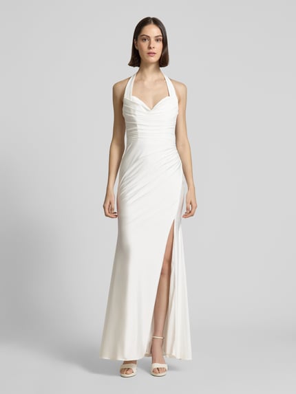 Kobiece modelka nosi Brautkleid mit Raffungen von Luxuar, białe, marszczenia, krój slim fit, rozporek, wiązanie na szyi, długość tyłu w rozmiarze 36: 125 cm, szerokość klatki piersiowej w rozmiarze 36: 26 cm, widok całej sylwetki z przodu