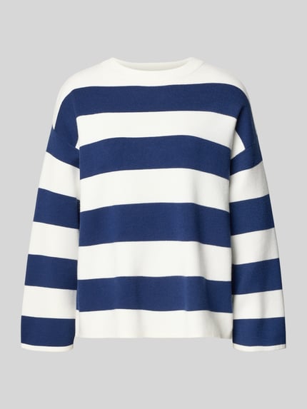 Produktfoto, Strickpullover aus Viskose-Mix mit Streifenmuster Modell 'OTARI' von B.Young, Relaxed-Fit, Rundhalsausschnitt, blau-weiß
