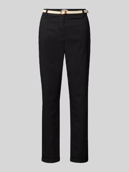 Produktfoto, Casual Fit Chino mit Baumwoll-Anteil von Christian Berg Woman in Schwarz, elastischer Baumwoll-Mix, Gürtel, verkürzt, Seiten- und Gesäßtaschen.