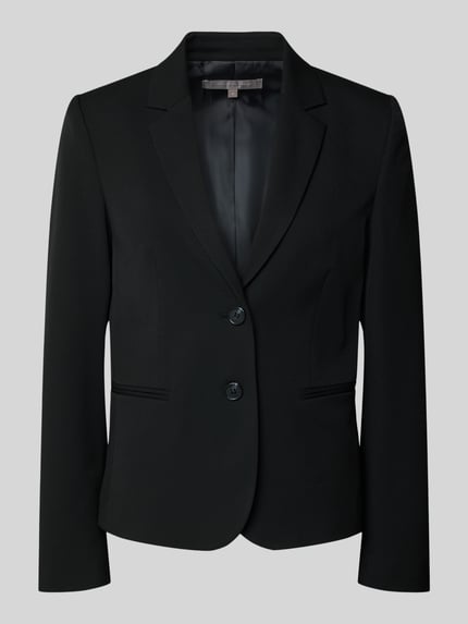 Produktfoto, schwarzer Blazer mit Leistentaschen und Reverskragen von Christian Berg Woman Selection, glatte Struktur, gerade Form, Zwei-Knopf-Leiste, dezente Details, Material-Mix mit Viskose-Anteil