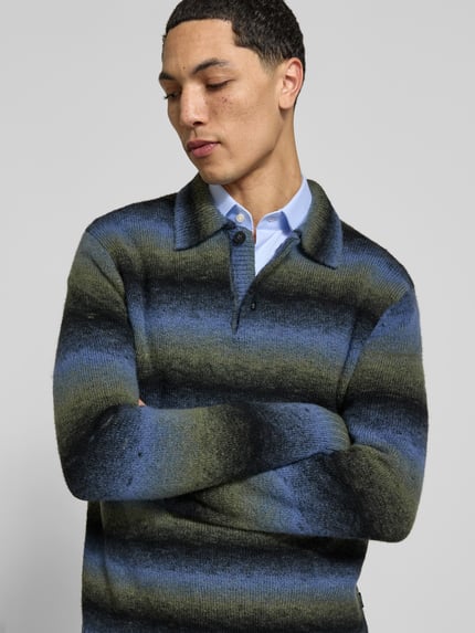 ANNARR sweter wełniany krój slim fit z kołnierzykiem polo Oceaniczny 3