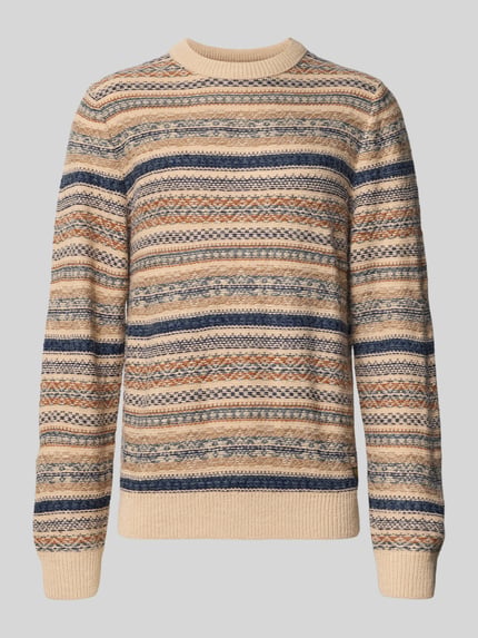 Produktfoto, sweter z dzianiny o wzorze na całej powierzchni w beżowych, brązowych i granatowych odcieniach, Strickpullover mit Rundhalsausschnitt Modell 'ASHFORD' von JACK & JONES Premium, krój regular fit, długość tyłu w rozmiarze M: 71 cm, długość rękawów w rozmiarze M: 69 cm
