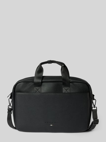 Produktfoto, Laptoptasche aus echtem Leder von bugatti, czarna strukturalna powierzchnia, uchwyt, odpinany pasek na ramię, wytłaczane logo, przegródki zewnętrzne, Szerokość w rozmiarze 1: 40 cm, Długość w rozmiarze 1: 28 cm, Głębokość w rozmiarze 1: 10 cm, Długość paska na ramię w rozmiarze 1: 100 cm