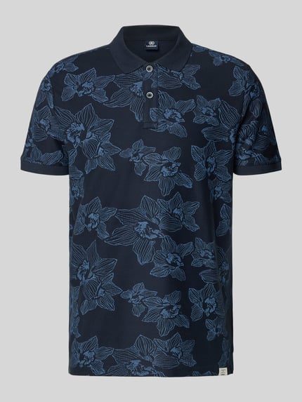 Produktfoto, Slim Fit Poloshirt mit floralem Allover-Print von Lerros in Dunkelblau mit Floraler-Print und Polokragen aus Reine Baumwolle, Kurzärmelig, Rückenlänge 72 cm bei Größe M.