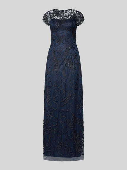 Produktfoto, wieczorowa sukienka z haftami od LUXUAR FASHION, granatowa, półprzezroczysty wierzch, warstwowy wygląd, krój slim fit, okrągły dekolt, długość pleców w rozmiarze 36: 133 cm, szerokość w rozmiarze 36: 39 cm, długość rękawa w rozmiarze 36: 11 cm