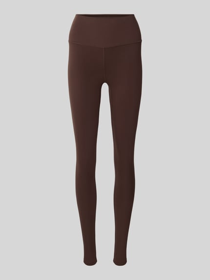 Produktfoto, Slim Fit Leggins mit Logo-Print Modell 'Freesoft' von VARLEY in Dunkelbraun, elastischer Material-Mix, glatte Oberfläche