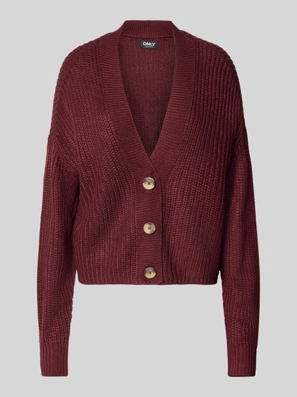 Produktfoto, bordeauxrote Boxy Fit Strickjacke mit V-Ausschnitt Modell 'CAROL' von ONLY, grobe Strickstruktur, Damen Strickjacke von ONLY