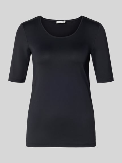 Produktfoto, czarne Slim Fit T-Shirt mit Rundhalsausschnitt von Christian Berg Woman, elastyczny materiał, krój slim fit, półrękaw, długość pleców 52 cm w rozmiarze S