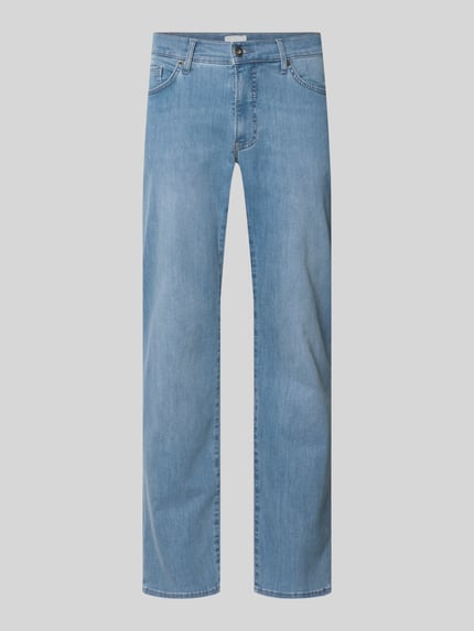 Produktfoto, Slim Fit Jeans mit 5-Pocket-Design Modell 'Chuck' von Brax, blauer Baumwoll-Mix mit Stretch-Anteil, Gerader-Schnitt, Knopf-Reißverschluss, sichtbare Textur. Kontext: Herren Slim-Fit Jeans, Bundweite 42 cm, Innenbeinlänge 80 cm bei Größe 32/32.