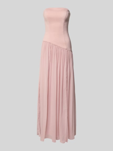 Produktfoto, avondjurk in plooien-look van Unique, getailleerde pasvorm, asymmetrisch design, maxilengte, strapless, lichtroze, zachte stof