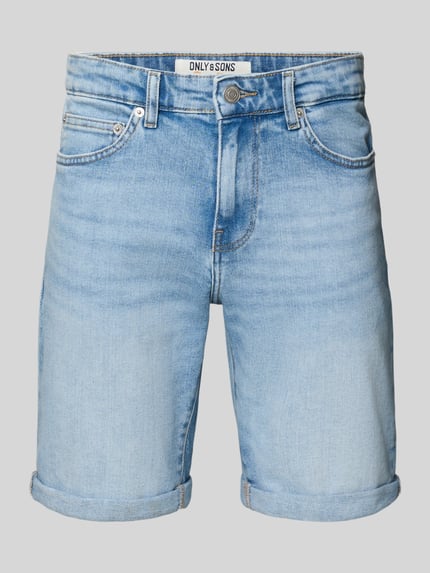 Produktfoto, Regular Fit Jeansshorts aus Baumwoll-Mix Modell '' van Only & Sons, lichtblauw denim, 5-pocket-design, twillstructuur, label patch, riemlussen, knoop- en ritssluiting