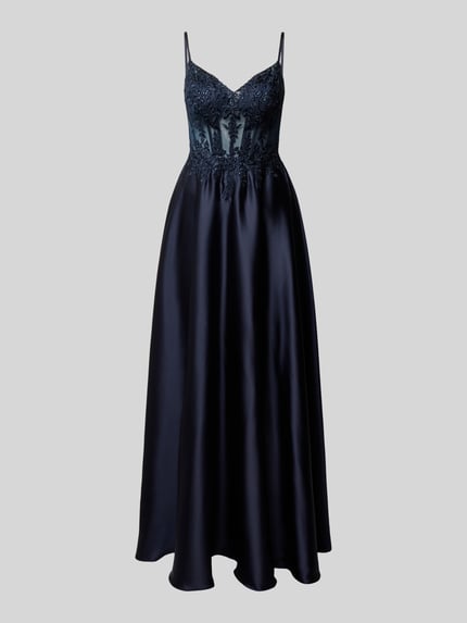 Produktfoto, Corsagenkleid mit Stitchings und Ziersteinbesatz von Luxuar aus dunkelblauem Satin, taillierter Schnitt, Maxikleid, Rückseite mit Schnürung, feine Struktur und dezenter Glanz, Rückenlänge 135 cm, Brustweite 36 cm.