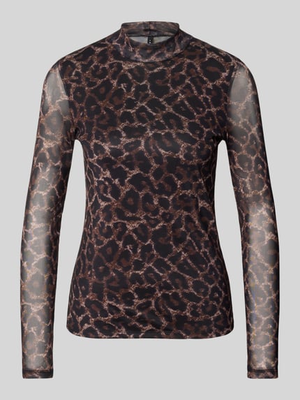 Produktfoto, Slim Fit shirt met lange mouwen van mesh met all-over hartjesmotief in bruintinten, hooggesloten hals, Model 'ERICA' van ONLY