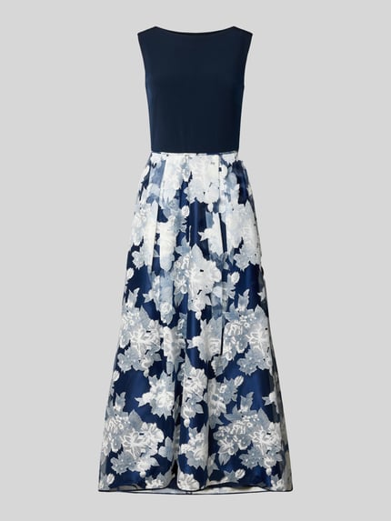 Produktfoto, Abendkleid mit rückseitigem V-Ausschnitt von Christian Berg Cocktail, mieszanka materiałów z dodatkiem streczu, taliowany krój, długa sukienka, dekolt w łódkę, tylny dekolt w serek, tylny zamek błyskawiczny, długość tyłu w rozmiarze 36: 130 cm, szerokość klatki piersiowej w rozmiarze 36: 47 cm, granatowy top, spódnica z biało-granatowym kwiatowym wzorem, matowa tekstura, gładkie powierzchnie