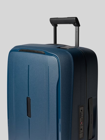 Produktfoto, Koffer mit Strukturmuster Modell 'Spinner' von Samsonite in Blau, Hardshell, Hauptfach mit Reißverschluss, Detailaufnahme, Maße 41x53x18 cm