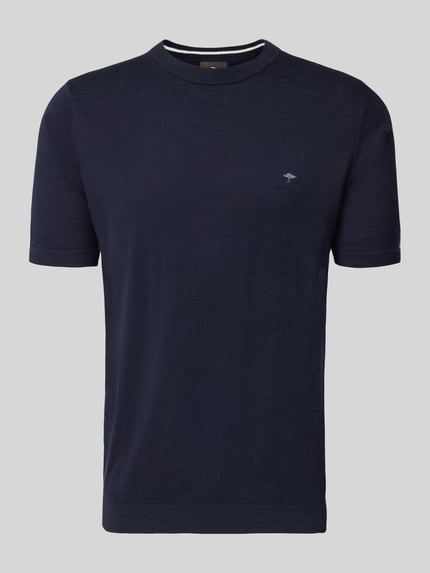 Produktfoto, Regular Fit T-Shirt mit Leinen-Anteil in Strick-Optik von Fynch-Hatton, dunkelblau, Baumwoll-Mix, Logo-Stitching, elastische Abschlüsse