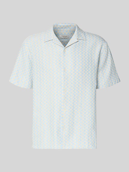 Produktfoto, Regular Fit Freizeithemd im Allover-Look Modell 'MONTAUK' von Jack & Jones, Material-Mix mit Baumwoll-Anteil, Reverskragen, Knopfleiste, hellblau-gelbes Muster, fein strukturierte Oberfläche