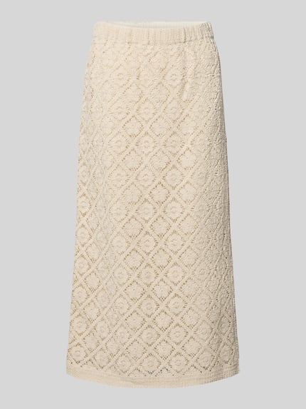 Productfoto, Strickrock mit Gehschlitz van JAKE*S STUDIO WOMAN, beige, A-lijn midirok, elastische tailleband, gebreide structuur, context: dames strickrok van JAKE*S STUDIO WOMAN, a-lijn, midirok, loopsplit, elastische tailleband, taillewijdte maat 36: 36 cm, totale lengte maat 36: 87 cm.