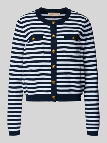 Produktfoto, Strickjacke mit Rundhalsausschnitt und Knopfleiste von MICHAEL Michael Kors, mieszanka wiskozy, z dodatkiem streczu, krój regular fit, okrągły dekolt, listwa guzikowa, długość tyłu w rozmiarze S: 49 cm, długość rękawów w rozmiarze S: 64 cm, granatowo-białe paski, gładka dzianina, złote guziki