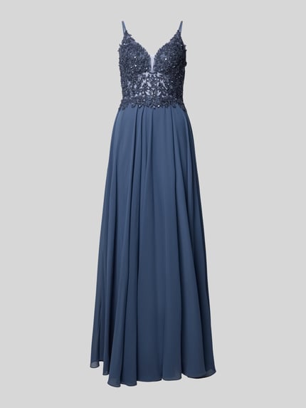 Produktfoto, Abendkleid mit Pailletten- und Ziersteinbesatz von Mascara, niebieski chiffon, taliowany krój, dekolt serce, półprzezroczysty design, bez rękawów, cienkie ramiączka, koronkowe kwiatowe wstawki, podszewka kryjąca, zamek wszyty w szwie, długość tyłu w rozmiarze 36: 140 cm, szerokość w rozmiarze 36: 40 cm