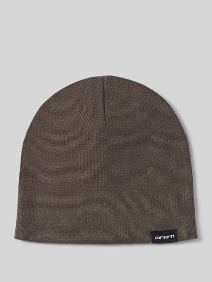 Produktfoto, brązowa czapka beanie z naszywką z logo, gładka faktura, Beanie mit Label-Patch Modell 'SCRIPTER' von Carhartt Work In Progress, Mieszanka bawełny
