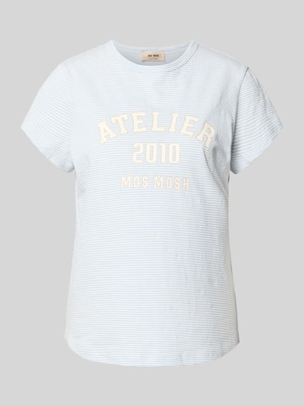 Productfoto, Regular Fit T-shirt met logoprint van MOS MOSH van puur katoen, ronde hals, ruglengte maat S 63 cm, lichtblauw met witte strepen, zachte textuur