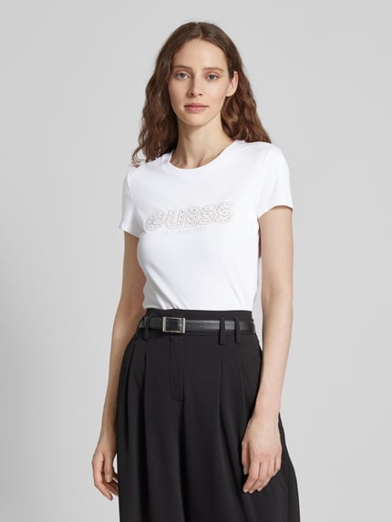GUESS T-Shirt mit Label-Stitching und Ziersteinbesatz Weiss 4