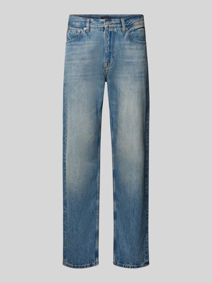 Produktfoto, Straight Leg Jeans aus reiner Baumwolle Modell 'DOVER' von Tommy Hilfiger in Optik: Unifarben, denimblau, 5-Pocket-Design, Label-Patch, Regular Länge, Knopf und verdeckter Reißverschluss, Materialverarbeitung: Denim, glatte Textur