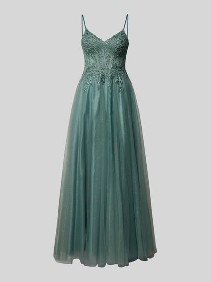 Produktfoto, Regular Fit Abendkleid mit floralem Spitzenbesatz von Luxuar in Türkis, Glitzer-Mesh, A-Linie, Ziersteinbesatz, semitransparent