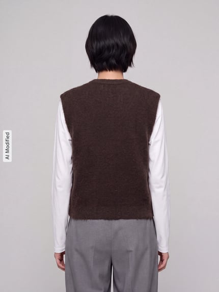 Frauenmodel trägt Regular Fit Pullunder mit einreihiger Knopfleiste Modell 'SIMONI' von ONLY, braun, Damen Pullover, Ganzkörperansicht Rückansicht, KI-modifiziertes Bild.