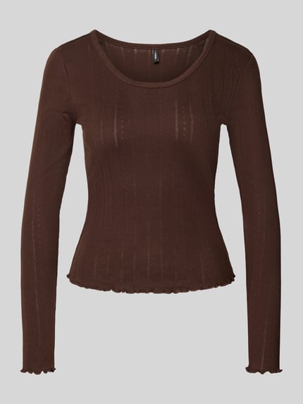 Produktfoto, braunes Slim Fit Langarmshirt mit Baumwoll-Anteil Modell 'TENNA' von ONLY, Damen Langarmshirt, gerippte Textur