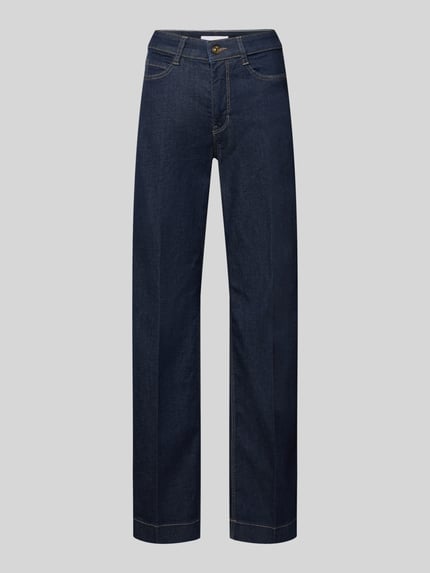 Produktfoto, dunkelblaue Wide Fit Jeans mit 5-Pocket-Design von MAC aus Baumwoll-Mix, lockerer Schnitt, sichtbare Nähte auf grauem Hintergrund